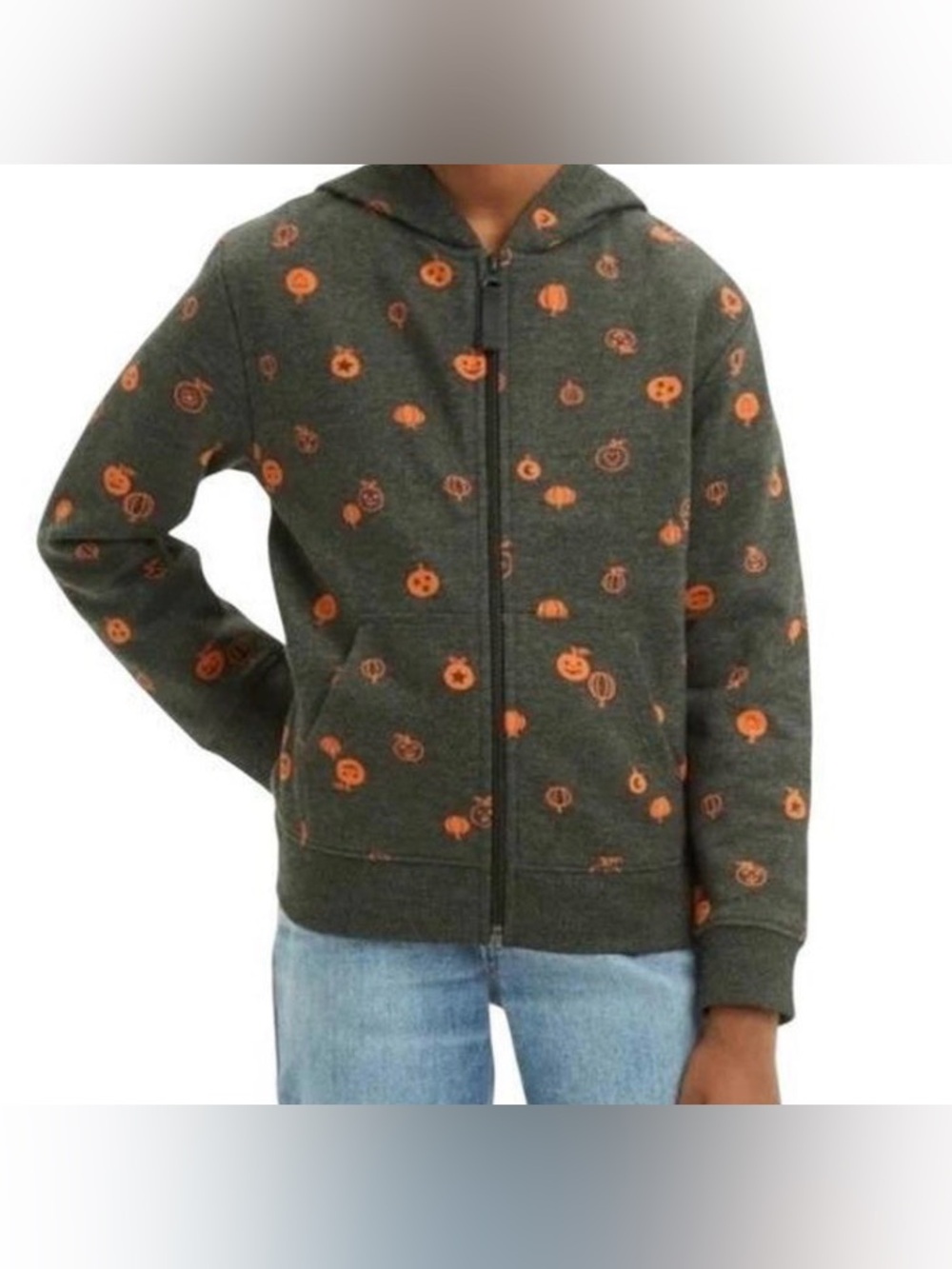 NEW Kids Gray Zip Up Zipper Hoodie Orange Pumpkin Print Allover Size M 8